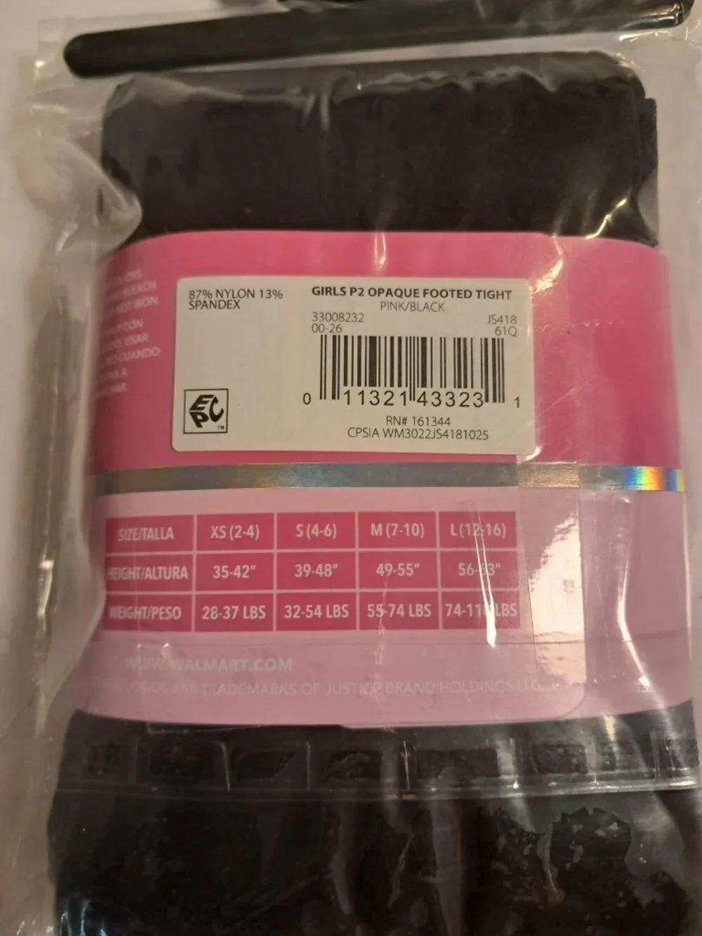 Justice Girls Pink Black Tights 2-Pack XS 2-4
